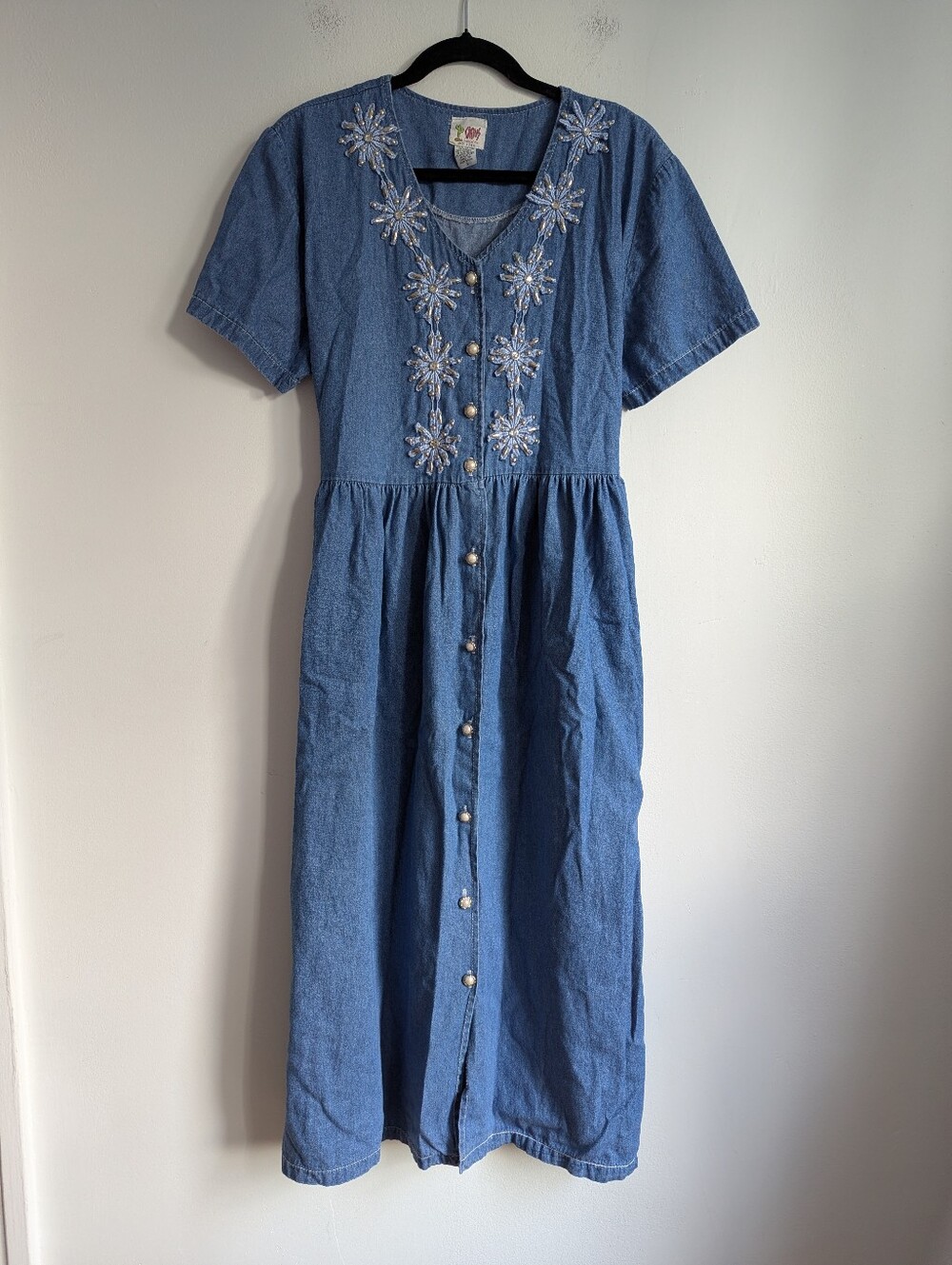 Vintage 90s Denim Cottagecore Prairie Pearl Button-Front Embroidered Shirt Dress